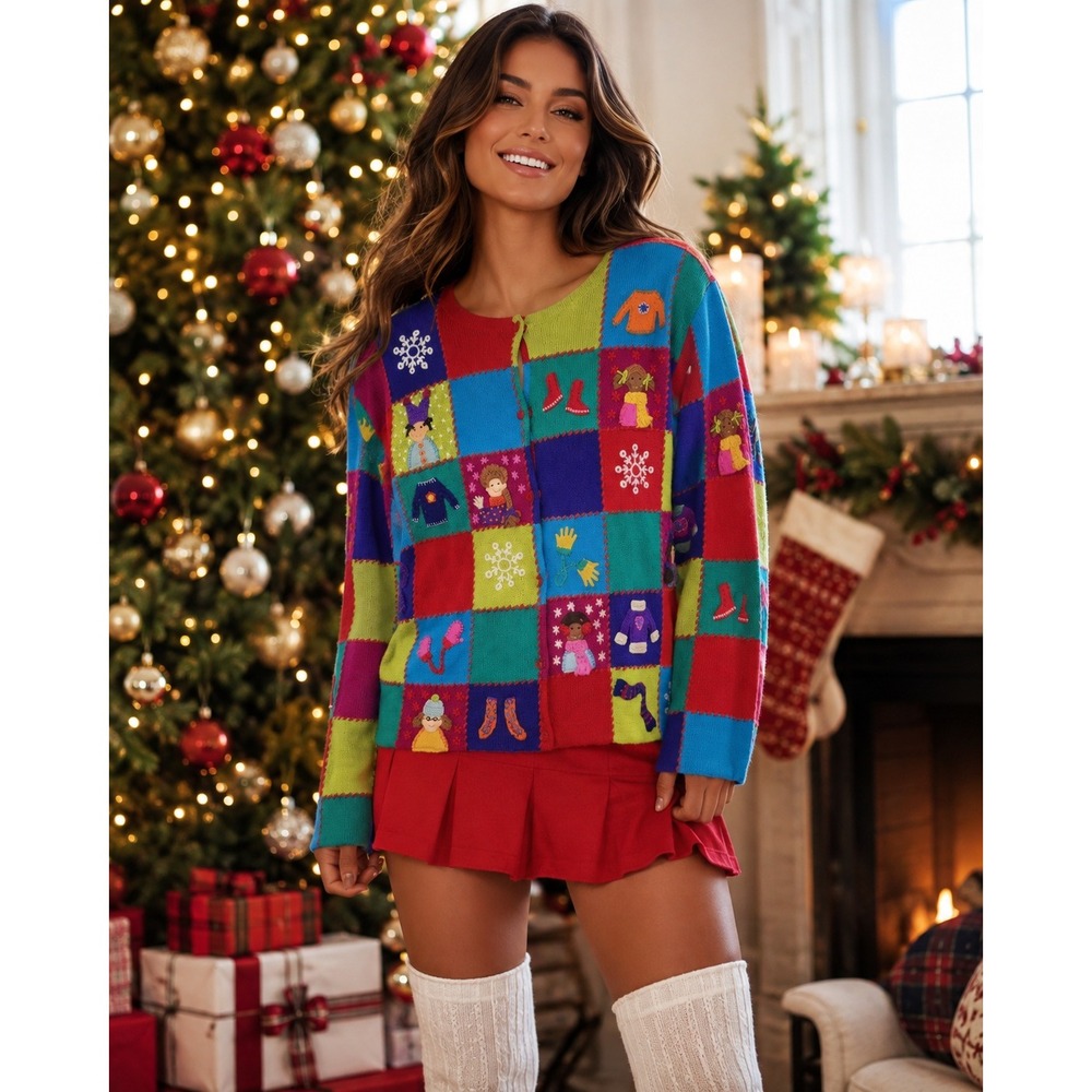 Marisa Christina Cardigan Womens XL Multicolor Patchwork Christmas Whimsigoth